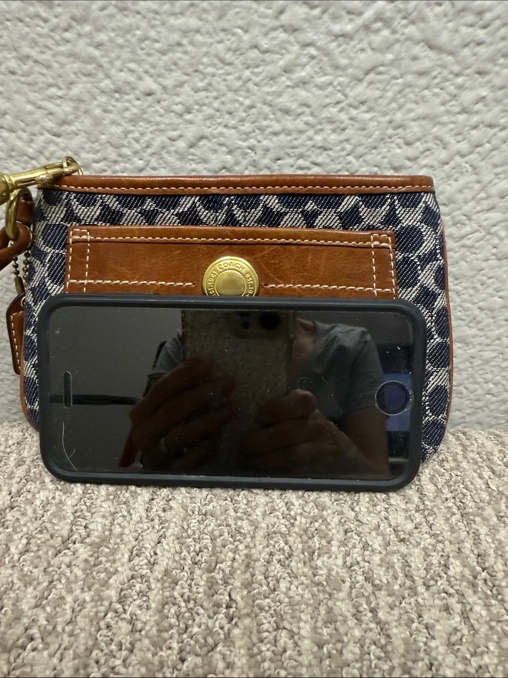 Vintage Coach Signature Blue Bleeker Tattersall and Brown Leather Wristlet